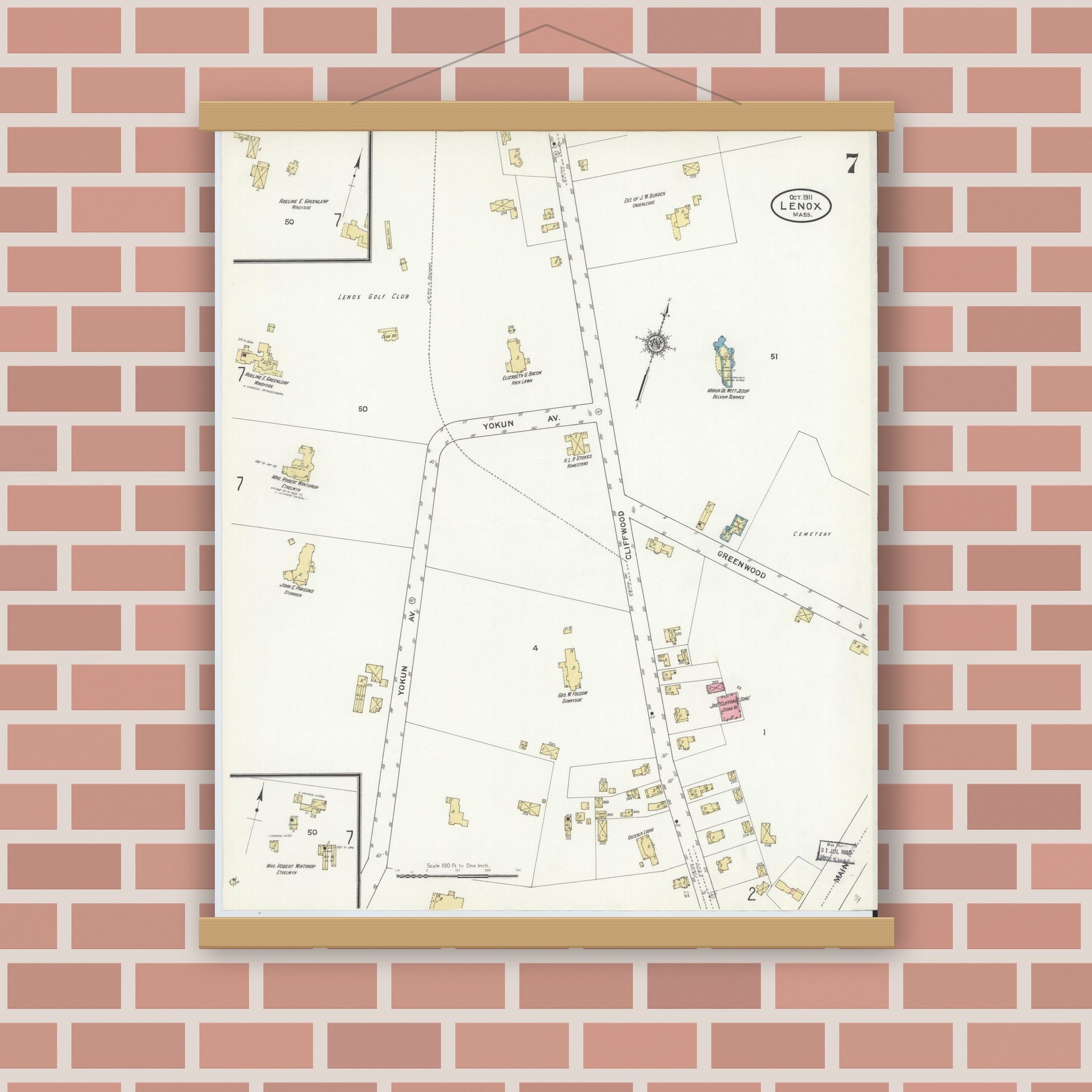 Old map wall art mockup — magnetic wood frame on brick wall — Sanborn Fire Insurance Map from Lenox, Berkshire County, Massachusetts (1911), Sheet #0007