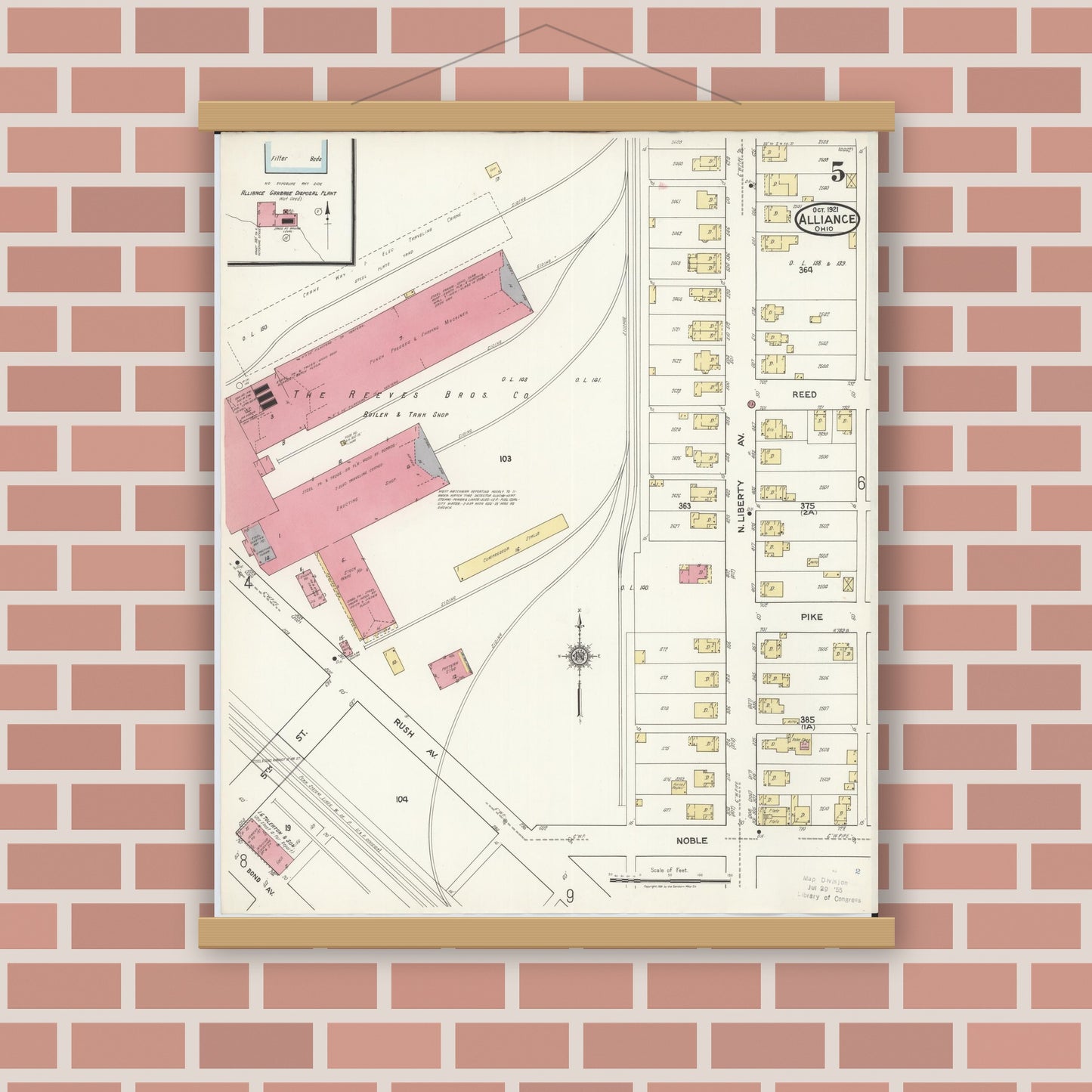 Old map wall art mockup — magnetic wood frame on brick wall — Sanborn Fire Insurance Map from Alliance, Stark County, Ohio (1921), Sheet #0005