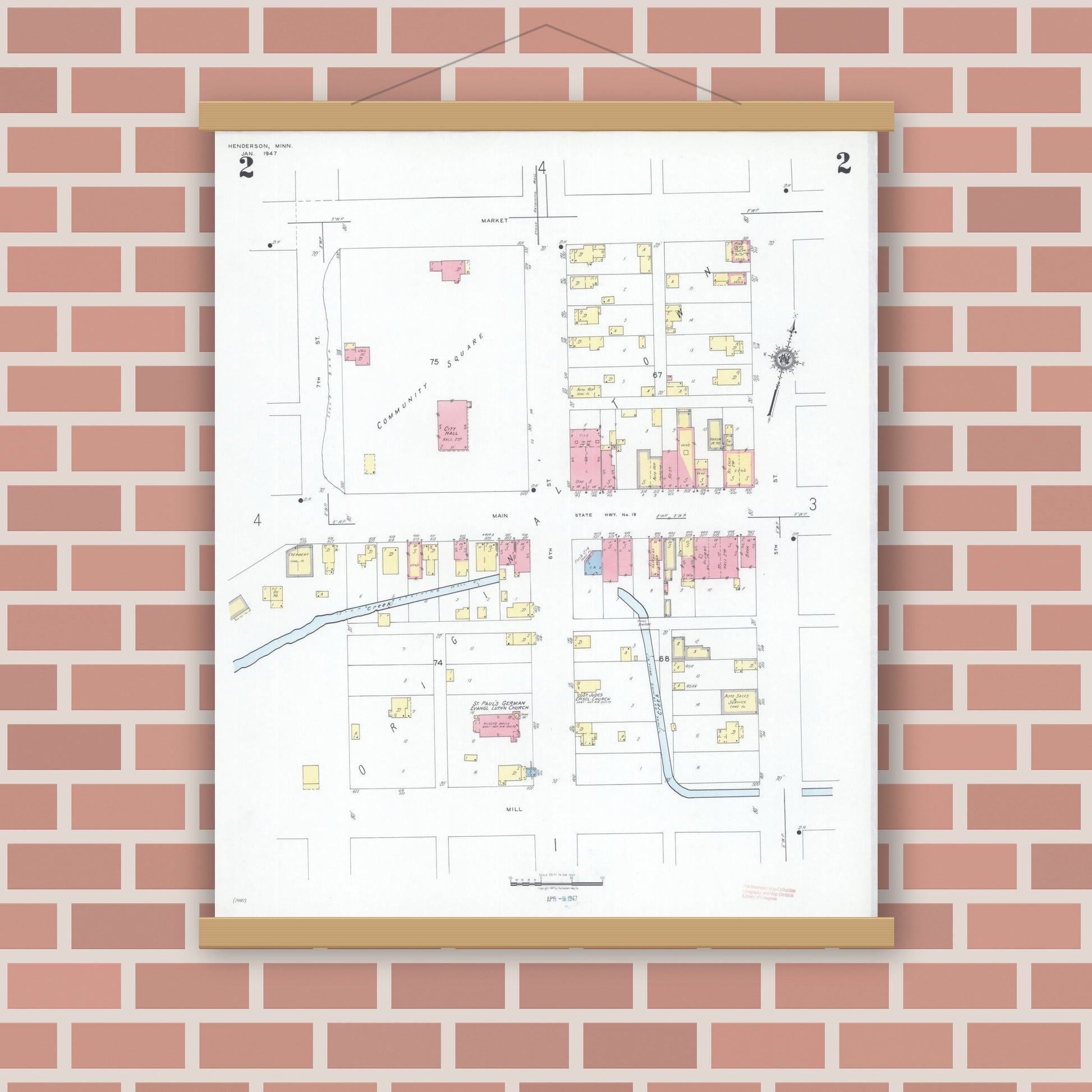 Old map wall art mockup — magnetic wood frame on brick wall — Sanborn Fire Insurance Map from Henderson, Sibley County, Minnesota (1947), Sheet #0002
