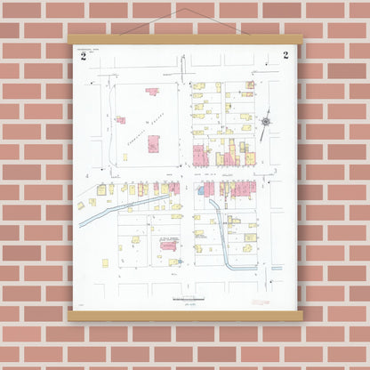Old map wall art mockup — magnetic wood frame on brick wall — Sanborn Fire Insurance Map from Henderson, Sibley County, Minnesota (1947), Sheet #0002