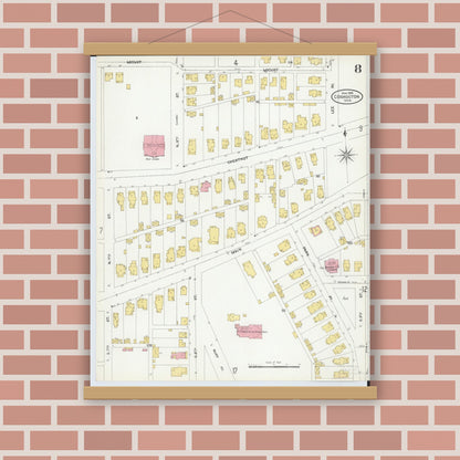 Old map wall art mockup — magnetic wood frame on brick wall — Sanborn Fire Insurance Map from Coshocton, Coshocton County, Ohio (1905), Sheet #0008