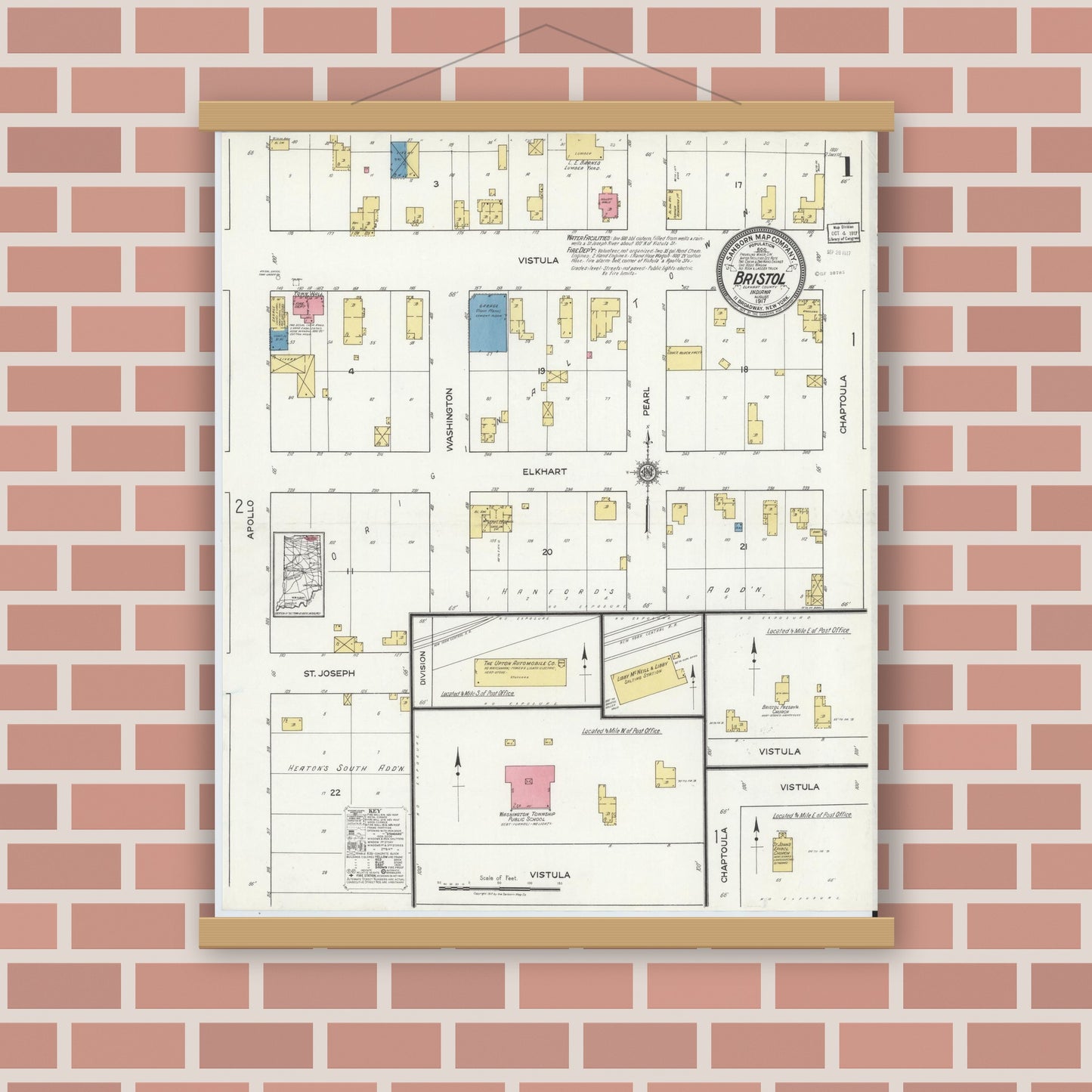 Old map wall art mockup — magnetic wood frame on brick wall — Sanborn Fire Insurance Map from Bristol, Elkhart County, Indiana (1917) - Complete Map Set