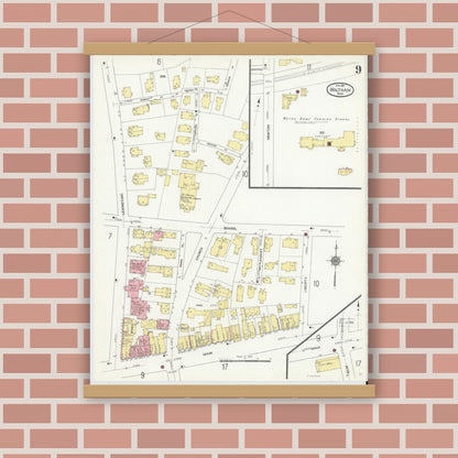 Old map wall art mockup — magnetic wood frame on brick wall — Sanborn Fire Insurance Map from Waltham, Middlesex County, Massachusetts (1911), Sheet #0009