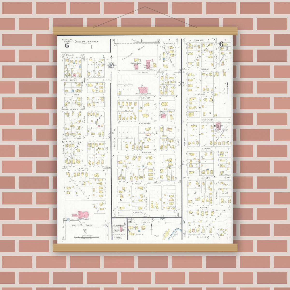 Old map wall art mockup — magnetic wood frame on brick wall — Sanborn Fire Insurance Map from Tomah, Monroe County, Wisconsin (1937), Sheet #0006