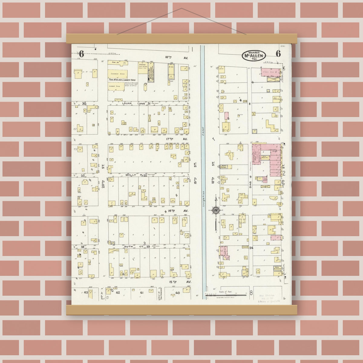 Old map wall art mockup — magnetic wood frame on brick wall — Sanborn Fire Insurance Map from McAllen, Hidalgo County, Texas (1925), Sheet #0006