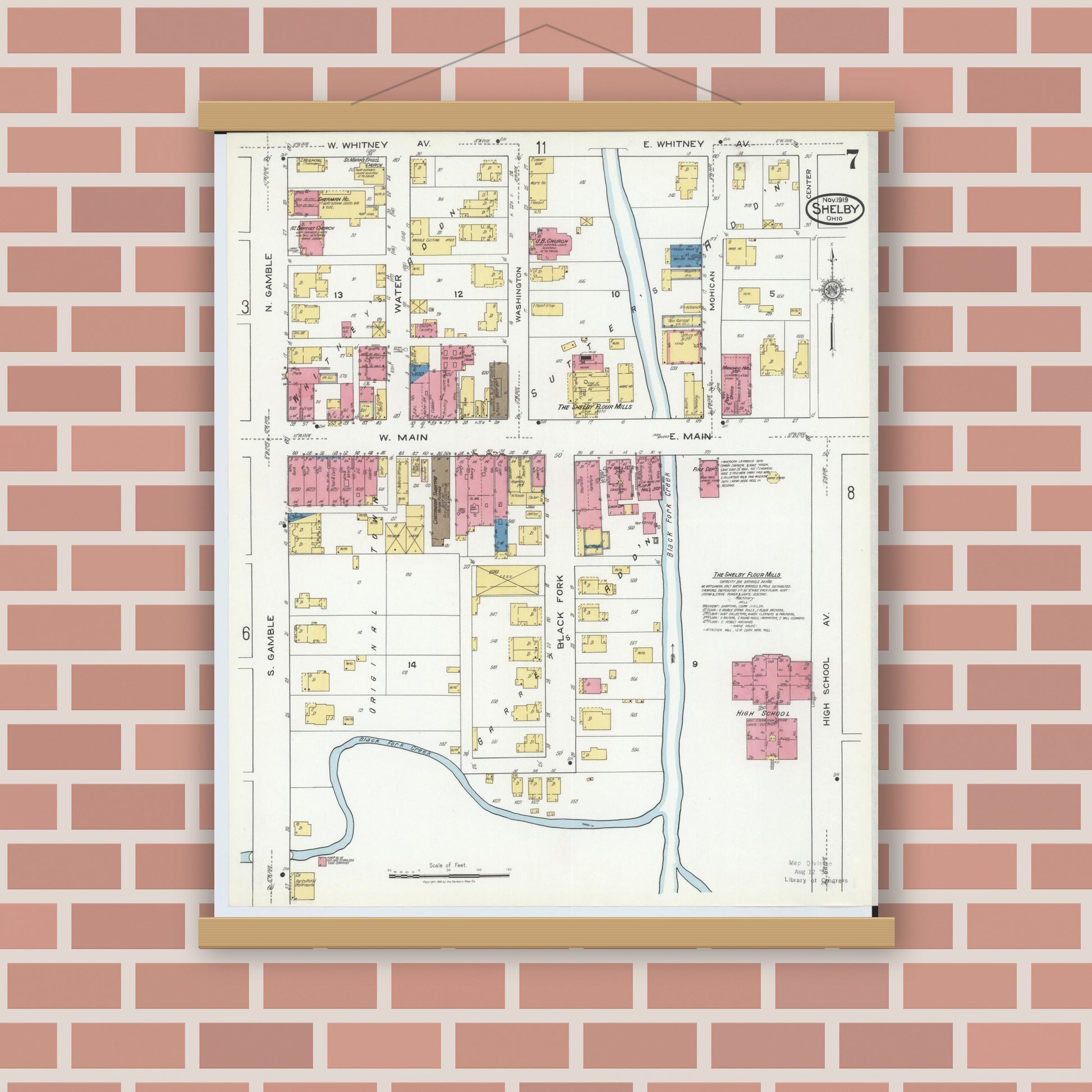 Old map wall art mockup — magnetic wood frame on brick wall — Sanborn Fire Insurance Map from Shelby, Richland County, Ohio (1919), Sheet #0007