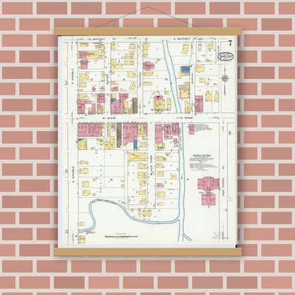 Old map wall art mockup — magnetic wood frame on brick wall — Sanborn Fire Insurance Map from Shelby, Richland County, Ohio (1919), Sheet #0007
