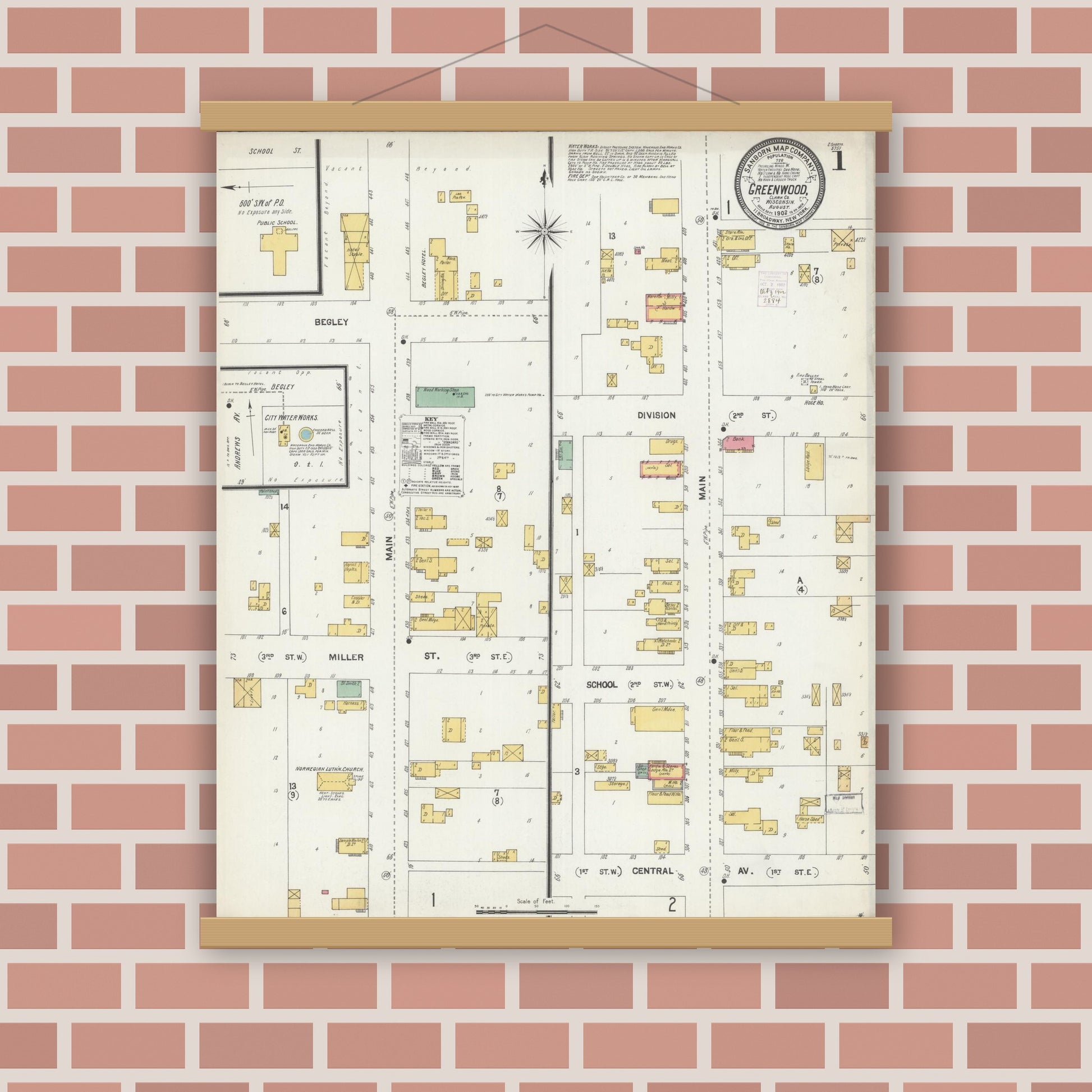 Old map wall art mockup — magnetic wood frame on brick wall — Sanborn Fire Insurance Map from Greenwood, Clark County, Wisconsin (1902), Sheet #0001