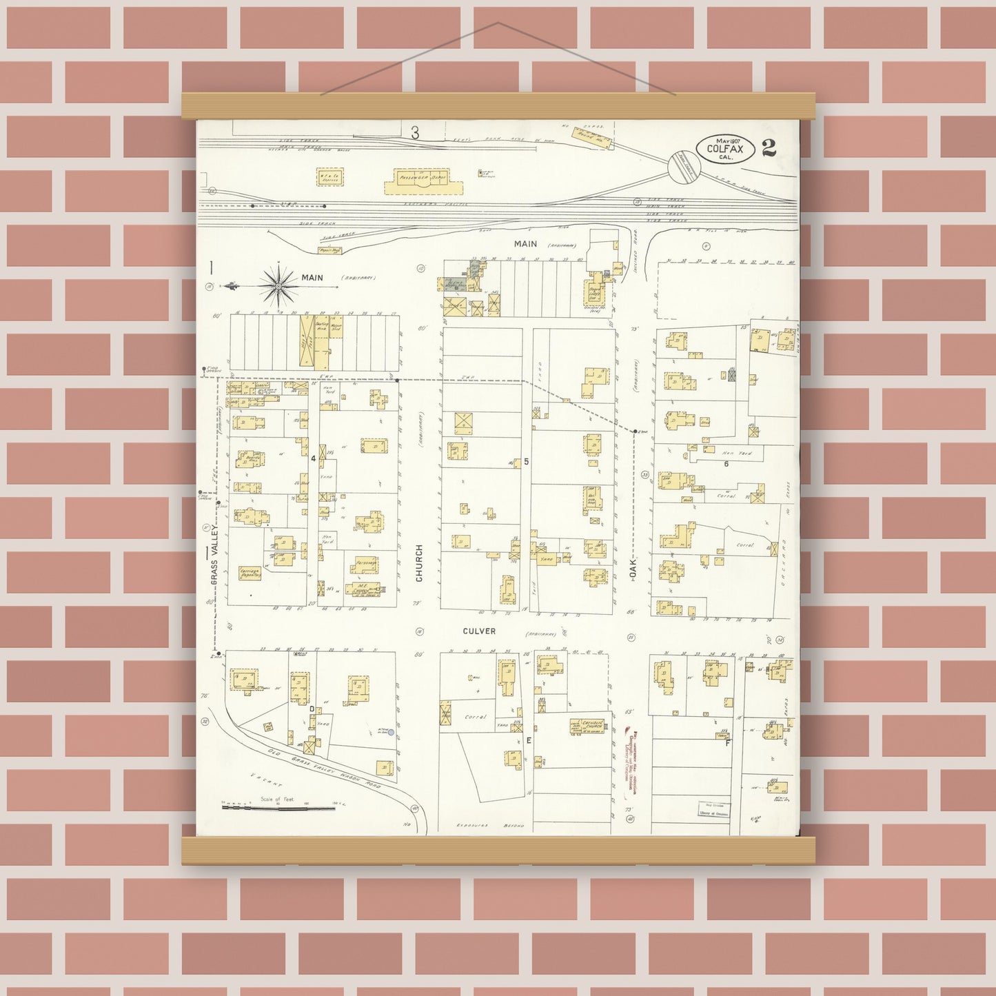 Old map wall art mockup — magnetic wood frame on brick wall — Sanborn Fire Insurance Map from Colfax, Placer County, California (1907), Sheet #0002