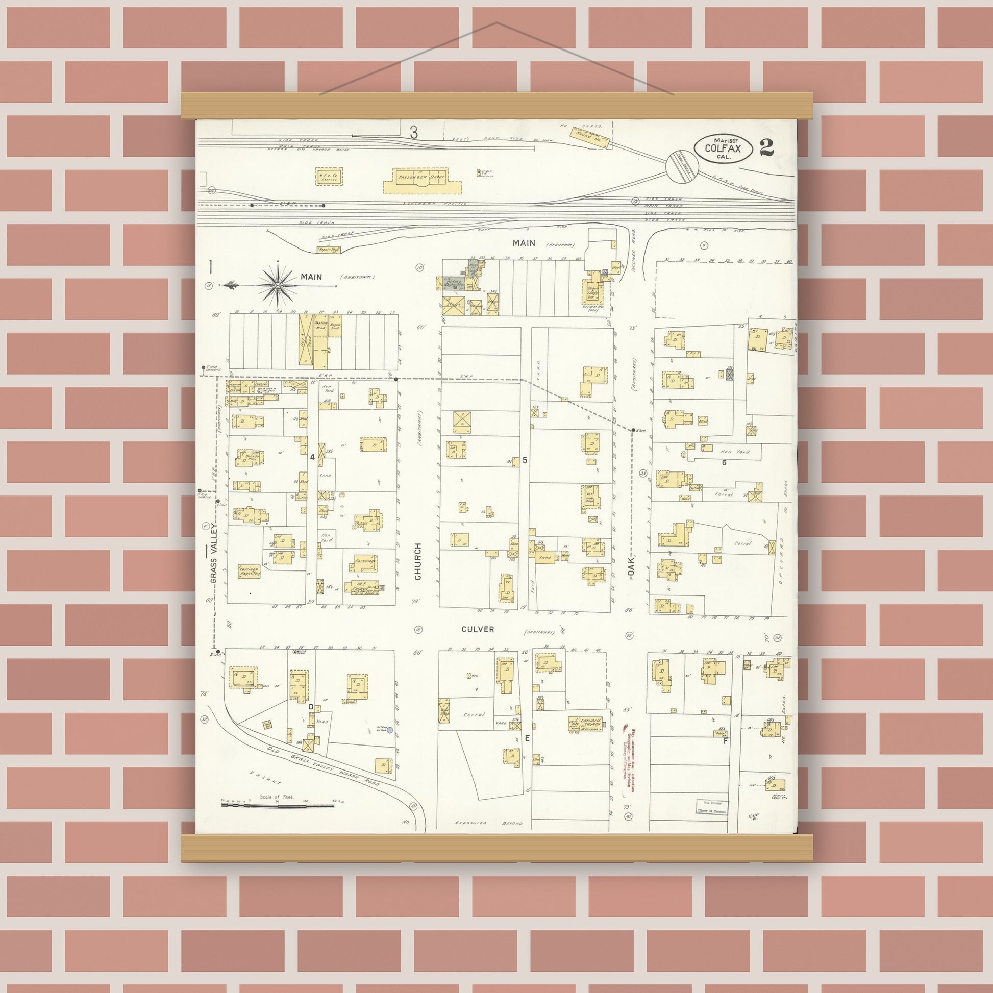 Old map wall art mockup — magnetic wood frame on brick wall — Sanborn Fire Insurance Map from Colfax, Placer County, California (1907), Sheet #0002