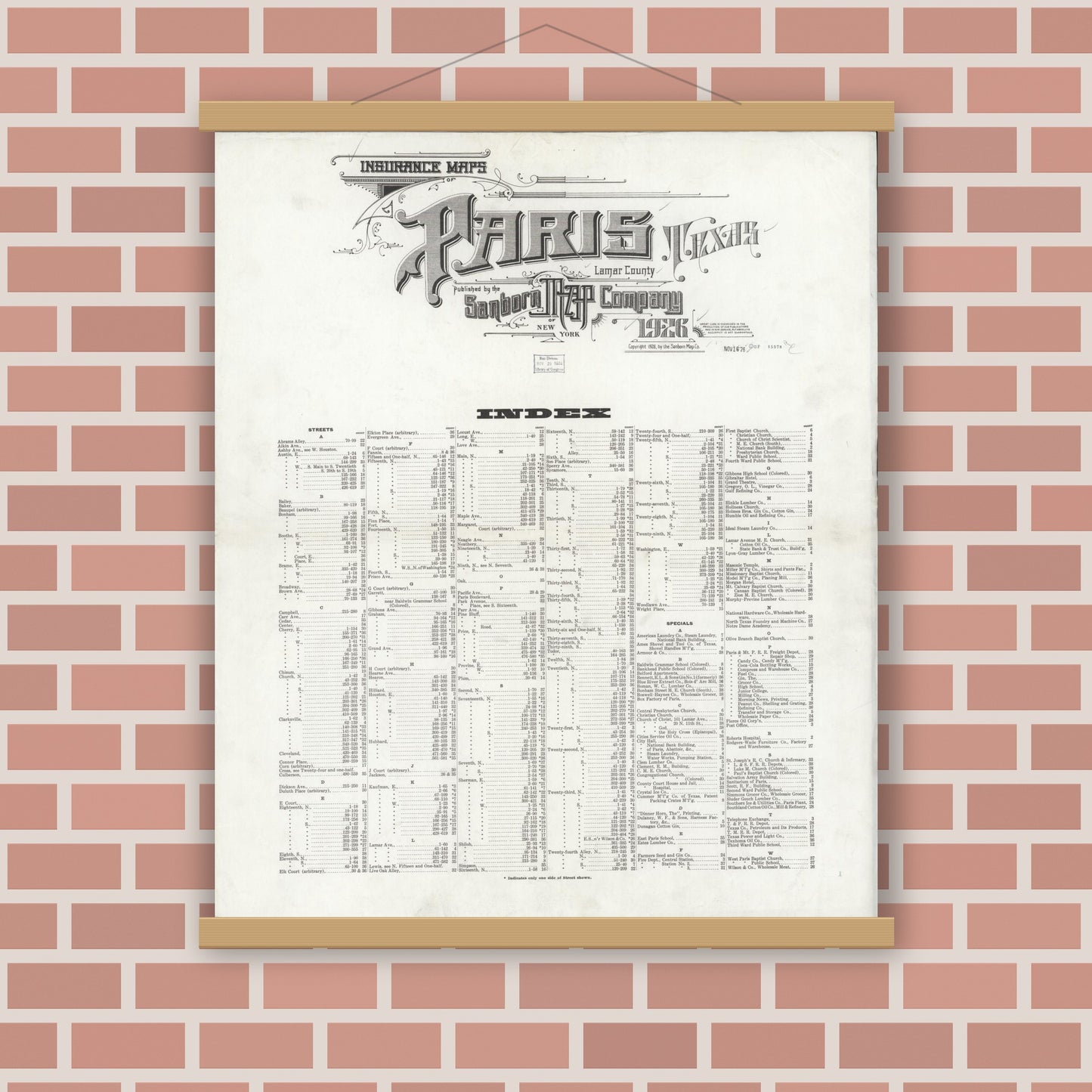 Old map wall art mockup — magnetic wood frame on brick wall — Sanborn Fire Insurance Map from Paris, Lamar County, Texas (1926), Sheet #0001
