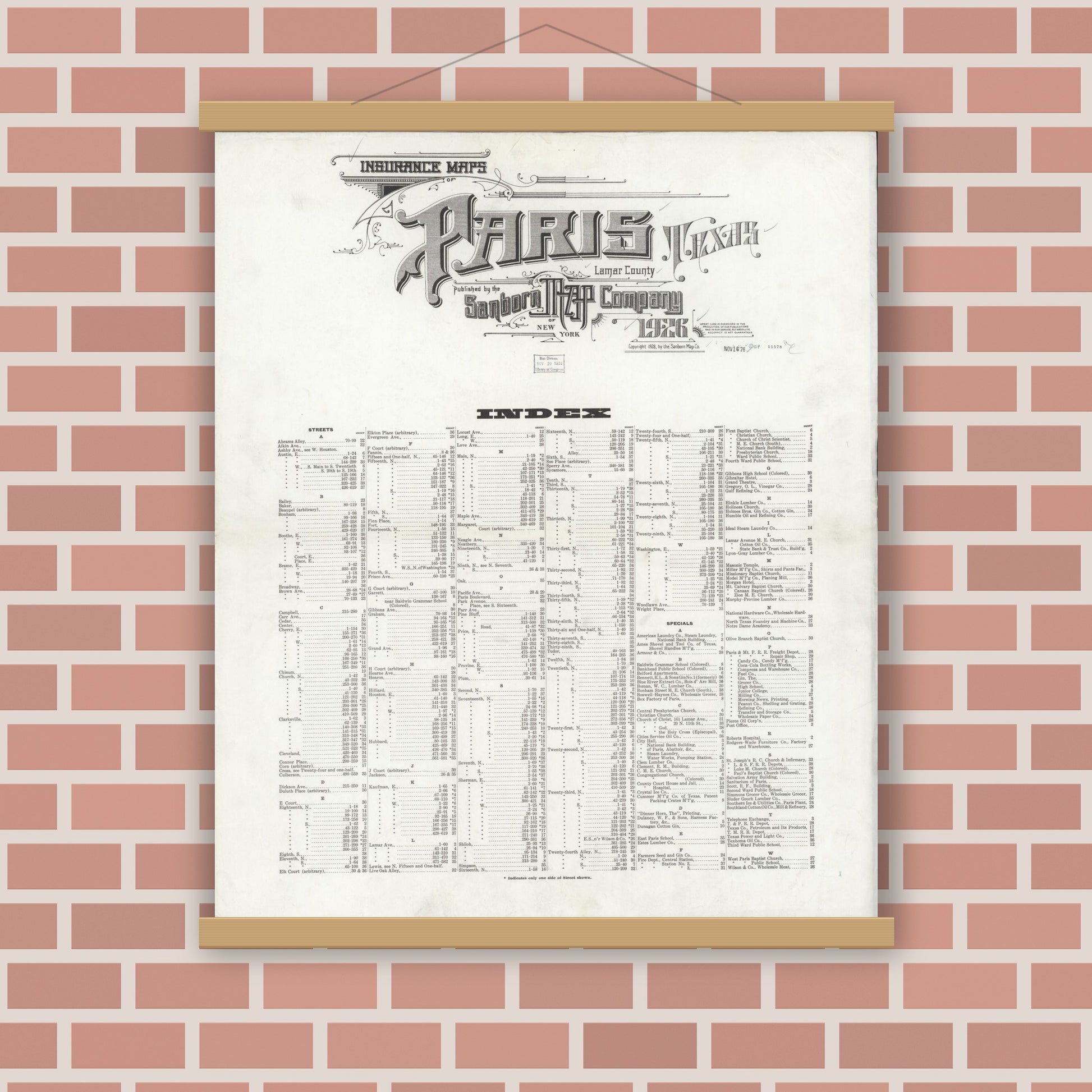 Old map wall art mockup — magnetic wood frame on brick wall — Sanborn Fire Insurance Map from Paris, Lamar County, Texas (1926), Sheet #0001