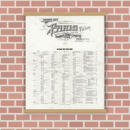 Old map wall art mockup — magnetic wood frame on brick wall — Sanborn Fire Insurance Map from Paris, Lamar County, Texas (1926), Sheet #0001