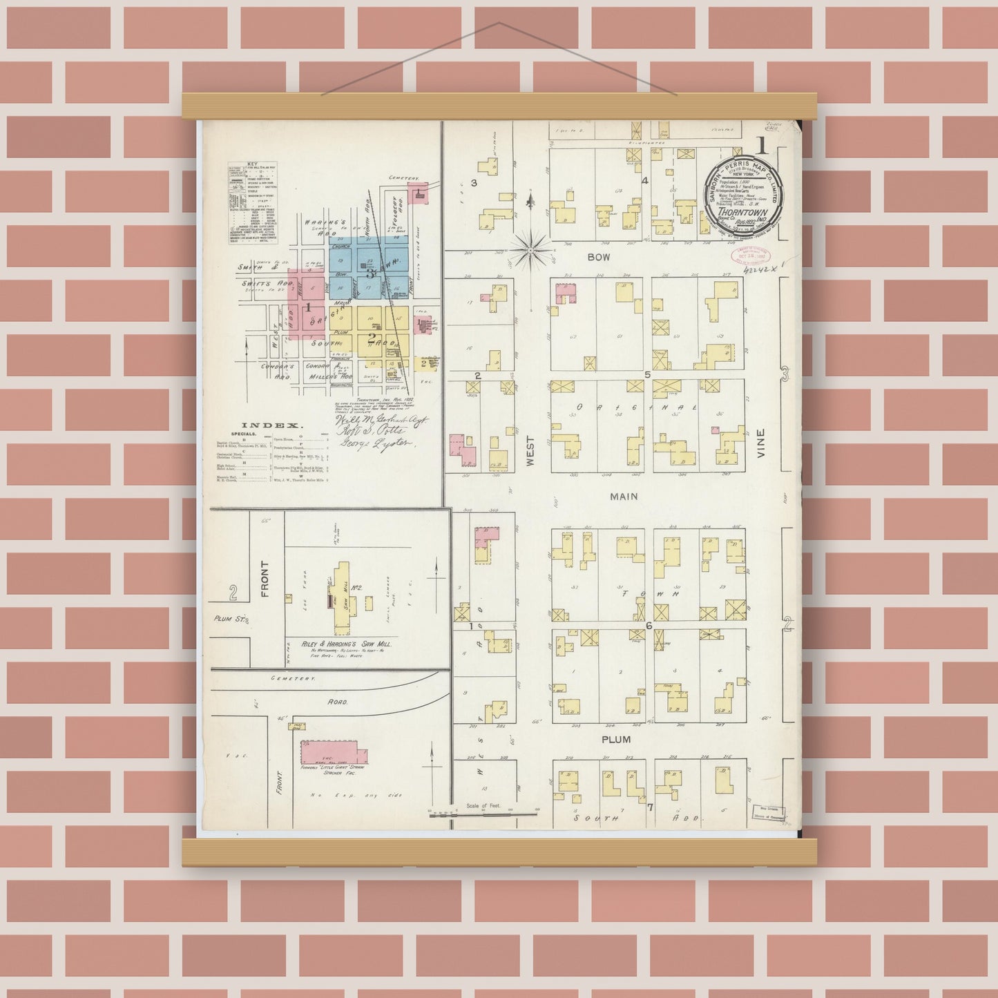 Old map wall art mockup — magnetic wood frame on brick wall — Sanborn Fire Insurance Map from Thorntown, Boone County, Indiana (1892), Sheet #0001