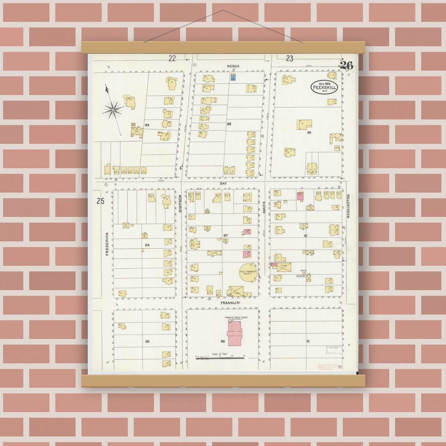 Old map wall art mockup — magnetic wood frame on brick wall — Sanborn Fire Insurance Map from Peekskill, Westchester County, New York (1905), Sheet #0026