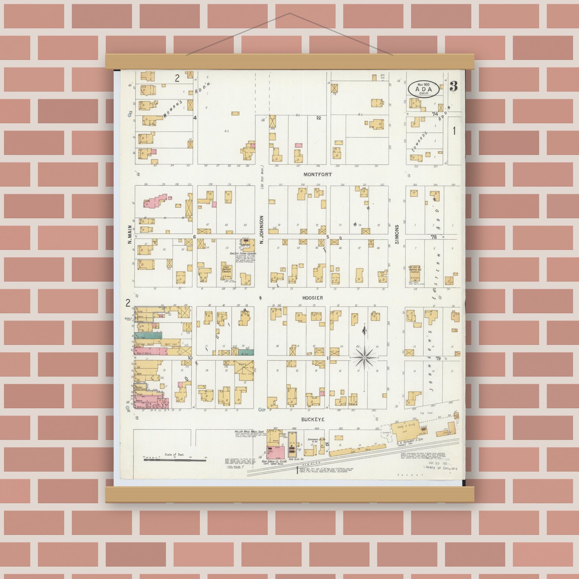 Old map wall art mockup — magnetic wood frame on brick wall — Sanborn Fire Insurance Map from Ada, Hardin County, Ohio (1900), Sheet #0003