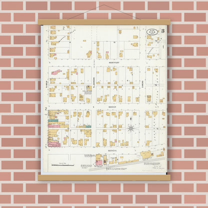 Old map wall art mockup — magnetic wood frame on brick wall — Sanborn Fire Insurance Map from Ada, Hardin County, Ohio (1900), Sheet #0003