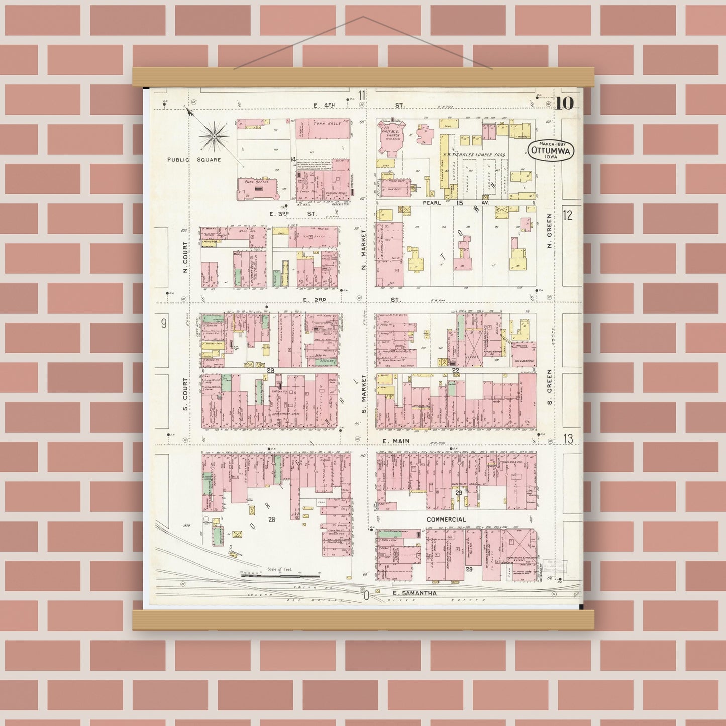 Old map wall art mockup — magnetic wood frame on brick wall — Sanborn Fire Insurance Map from Ottumwa, Wapello County, Iowa (1897), Sheet #0010