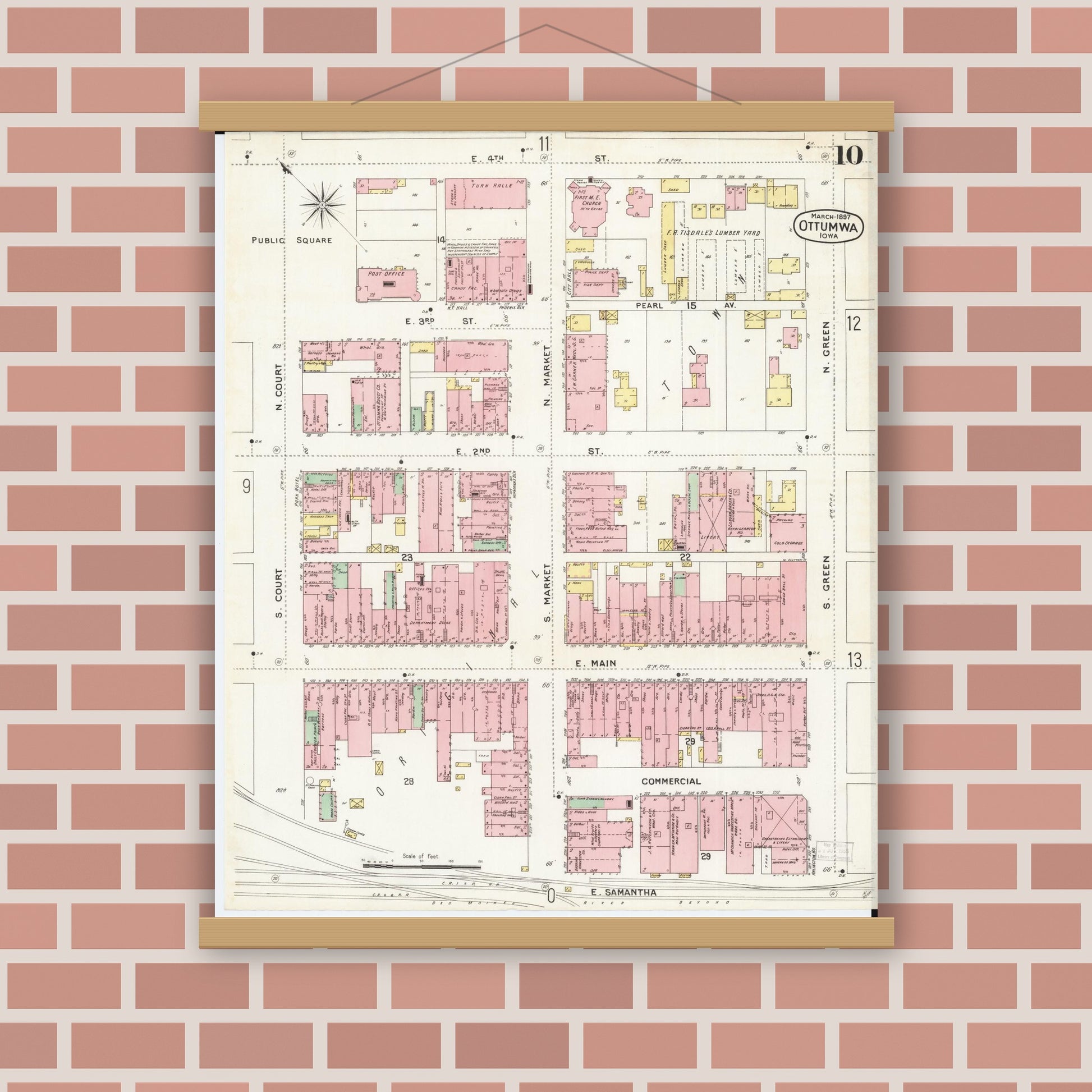 Old map wall art mockup — magnetic wood frame on brick wall — Sanborn Fire Insurance Map from Ottumwa, Wapello County, Iowa (1897), Sheet #0010