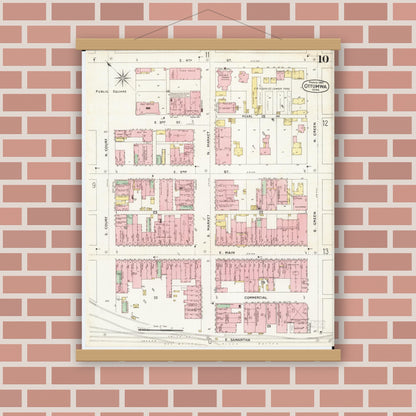 Old map wall art mockup — magnetic wood frame on brick wall — Sanborn Fire Insurance Map from Ottumwa, Wapello County, Iowa (1897), Sheet #0010