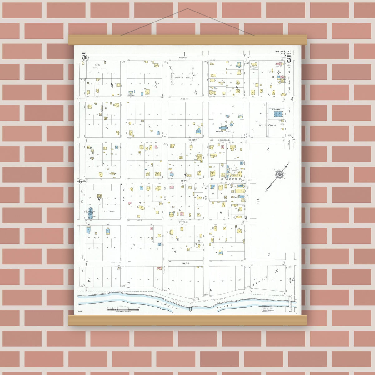 Old map wall art mockup — magnetic wood frame on brick wall — Sanborn Fire Insurance Map from Bandera, Bandera County, Texas (1950), Sheet #0005