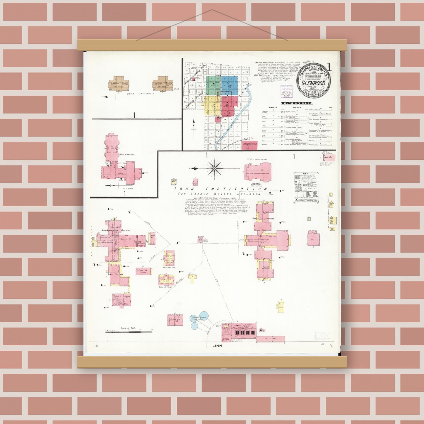 Old map wall art mockup — magnetic wood frame on brick wall — Sanborn Fire Insurance Map from Glenwood, Mills County, Iowa (1908) â€” Complete Set
