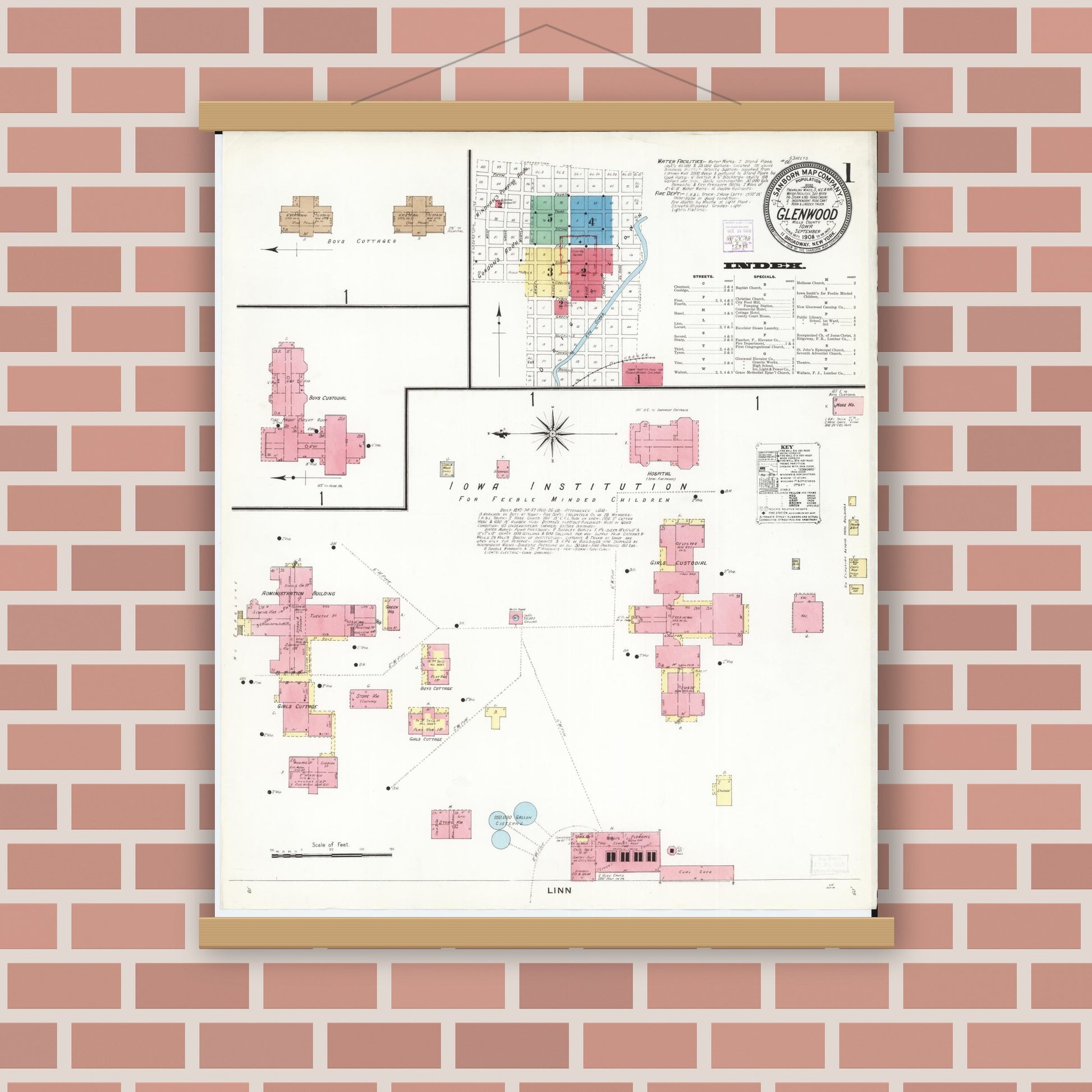 Old map wall art mockup — magnetic wood frame on brick wall — Sanborn Fire Insurance Map from Glenwood, Mills County, Iowa (1908) â€” Complete Set