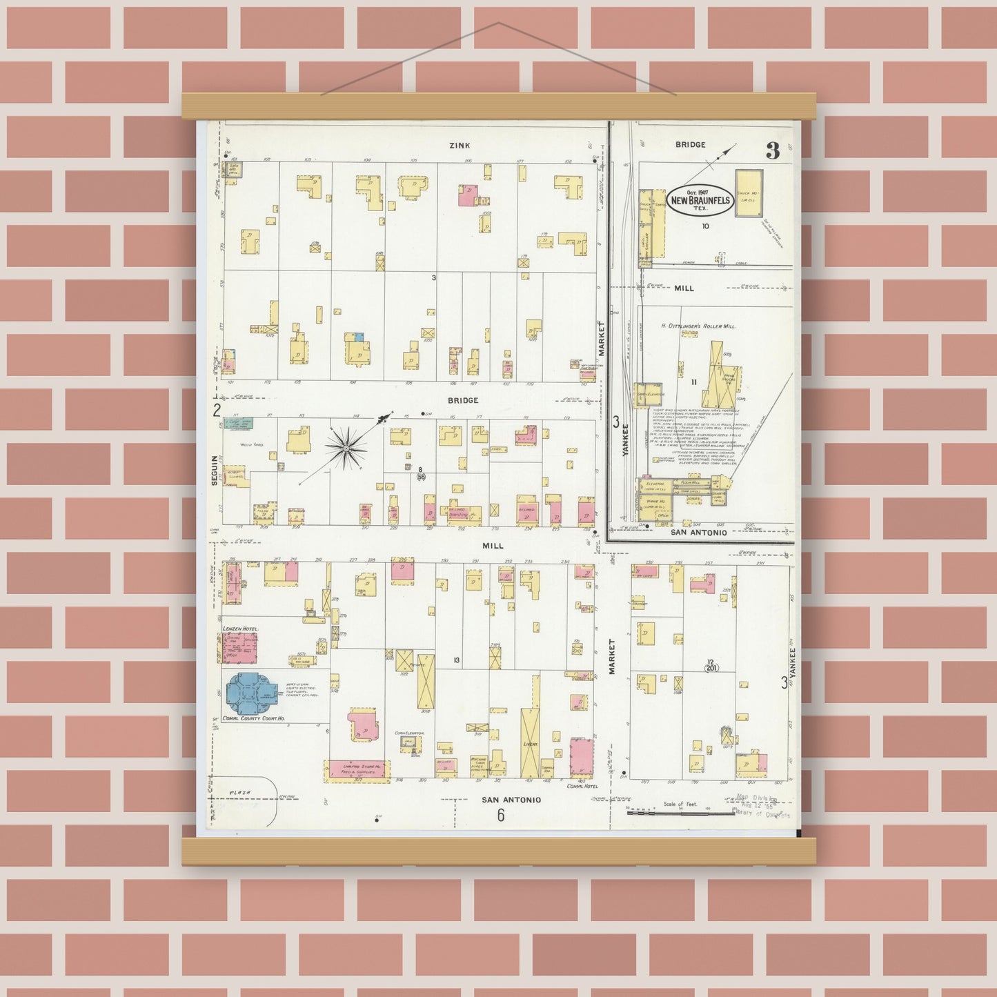 Old map wall art mockup — magnetic wood frame on brick wall — Sanborn Fire Insurance Map from New Braunfels, Comal County, Texas (1907), Sheet #0003