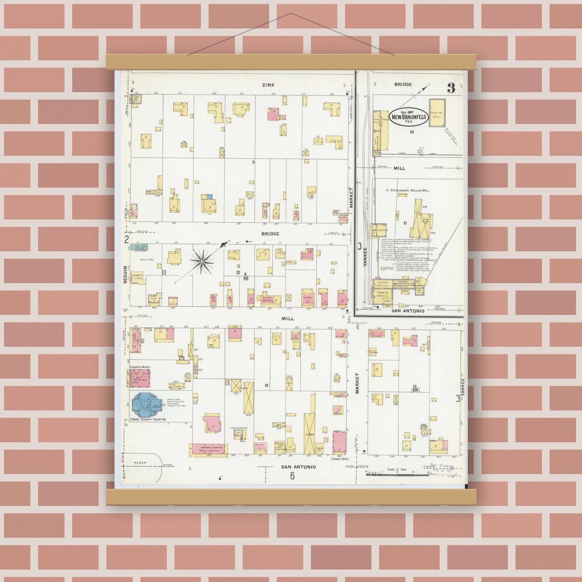 Old map wall art mockup — magnetic wood frame on brick wall — Sanborn Fire Insurance Map from New Braunfels, Comal County, Texas (1907), Sheet #0003