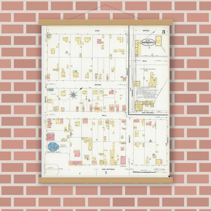 Old map wall art mockup — magnetic wood frame on brick wall — Sanborn Fire Insurance Map from New Braunfels, Comal County, Texas (1907), Sheet #0003