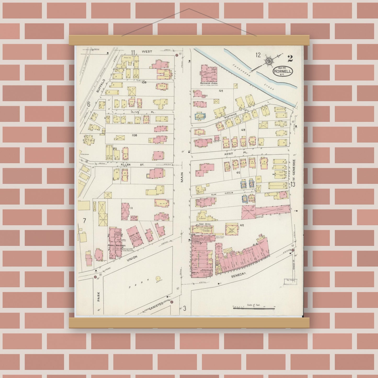 Old map wall art mockup — magnetic wood frame on brick wall — Sanborn Fire Insurance Map from Hornell, Steuben County, New York (1915), Sheet #0002