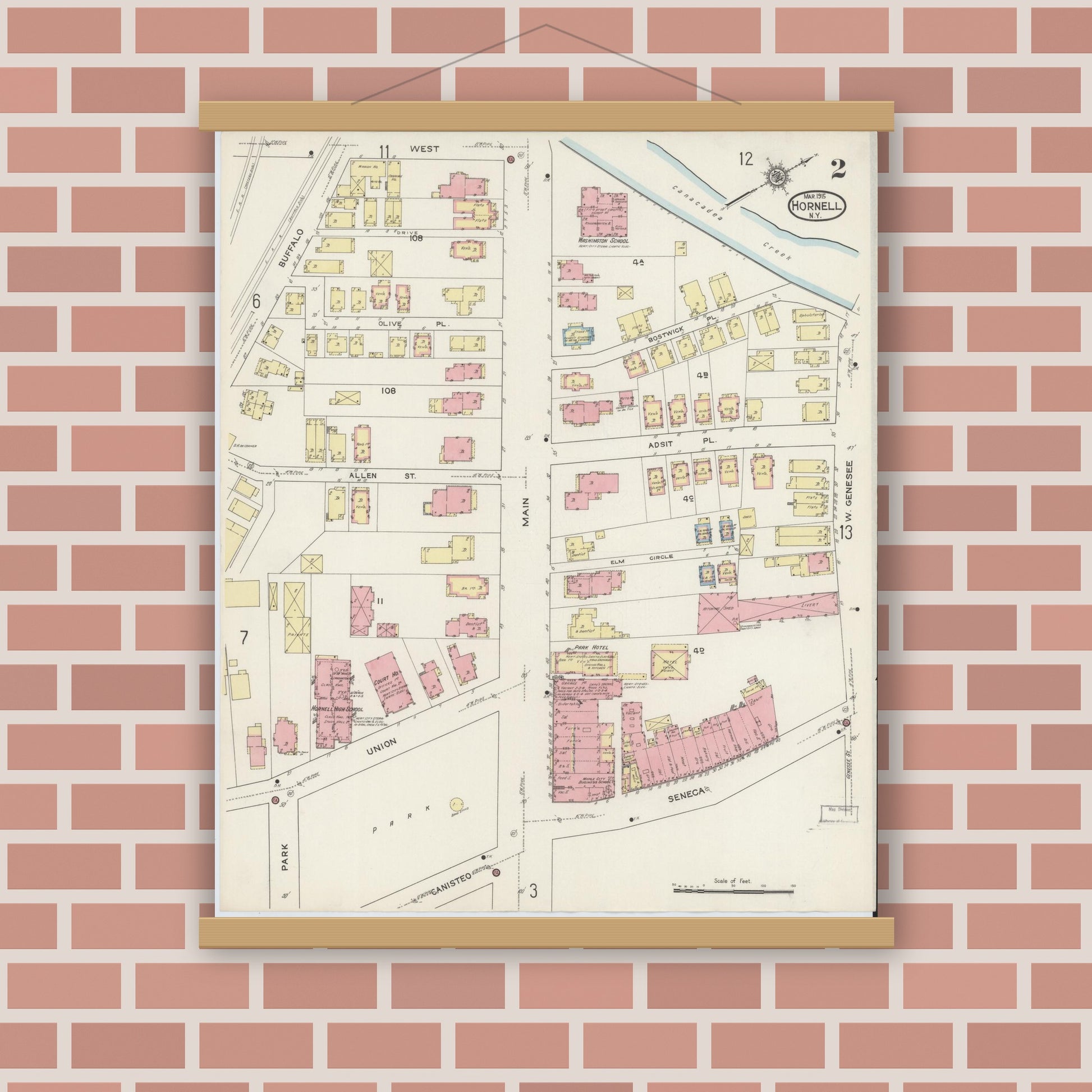 Old map wall art mockup — magnetic wood frame on brick wall — Sanborn Fire Insurance Map from Hornell, Steuben County, New York (1915), Sheet #0002