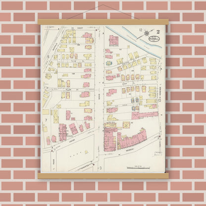 Old map wall art mockup — magnetic wood frame on brick wall — Sanborn Fire Insurance Map from Hornell, Steuben County, New York (1915), Sheet #0002
