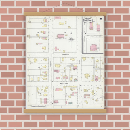 Old map wall art mockup — magnetic wood frame on brick wall — Sanborn Fire Insurance Map from Independence, Jackson County, Missouri (1892), Sheet #0002