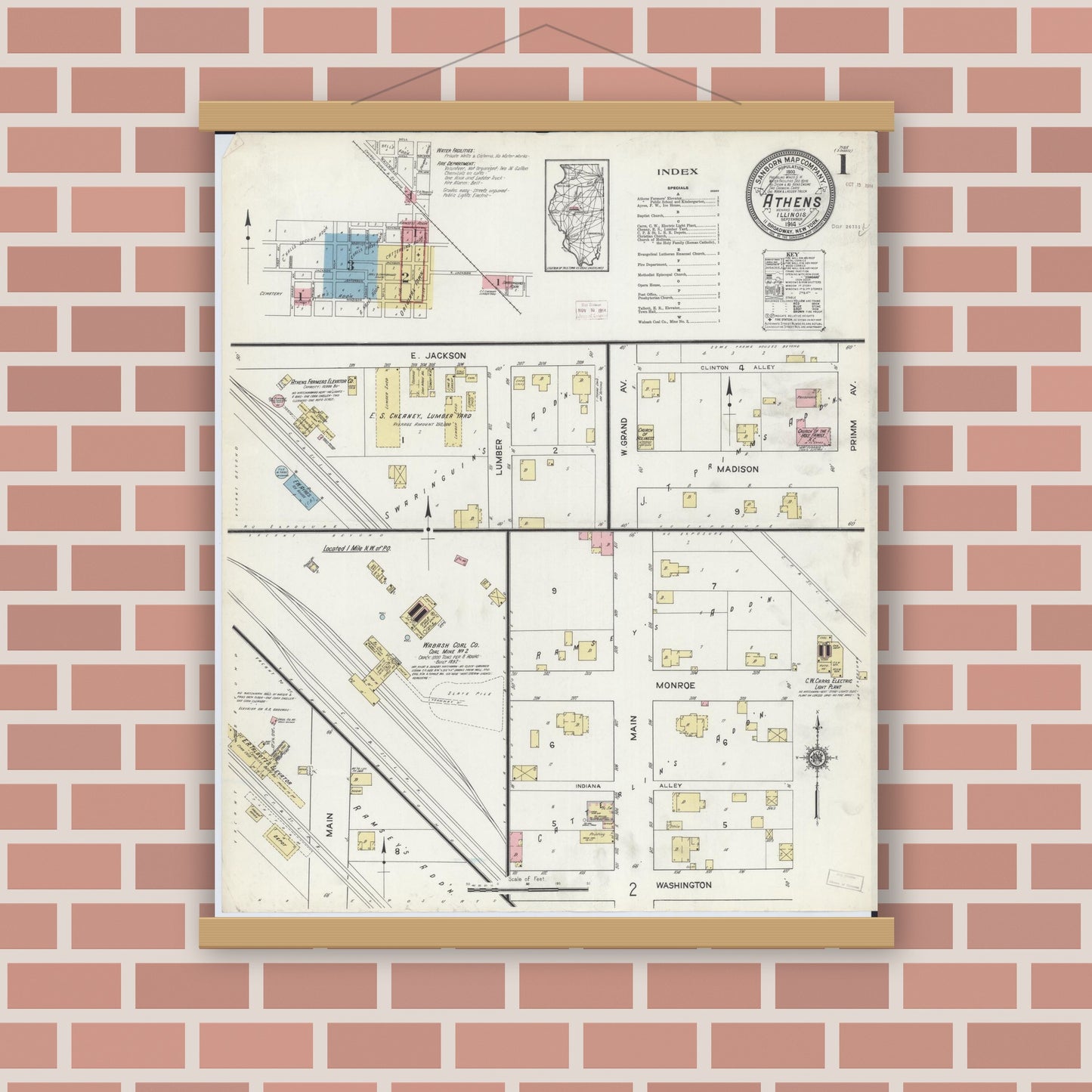 Old map wall art mockup — magnetic wood frame on brick wall — Sanborn Fire Insurance Map from Athens, Menard County, Illinois (1914), Sheet #0001