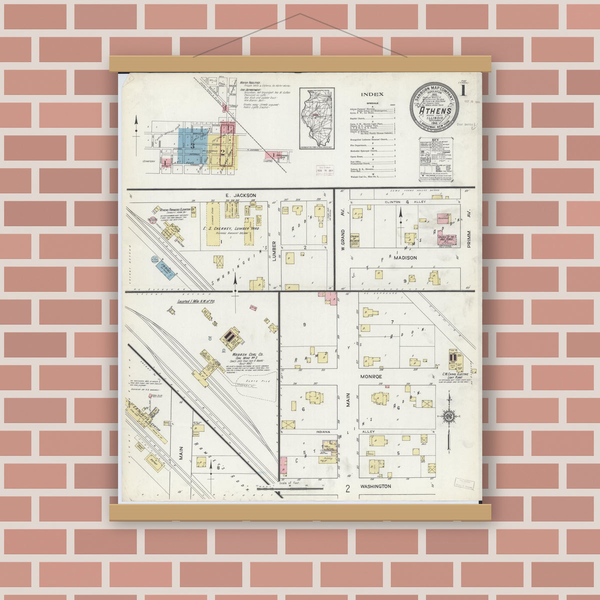 Old map wall art mockup — magnetic wood frame on brick wall — Sanborn Fire Insurance Map from Athens, Menard County, Illinois (1914), Sheet #0001