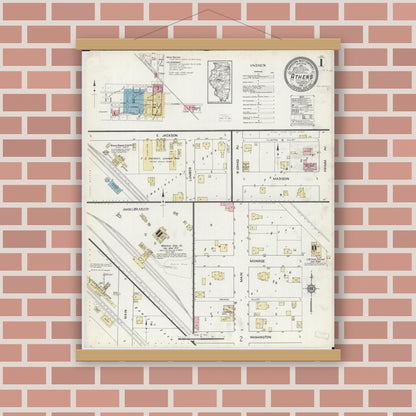 Old map wall art mockup — magnetic wood frame on brick wall — Sanborn Fire Insurance Map from Athens, Menard County, Illinois (1914), Sheet #0001