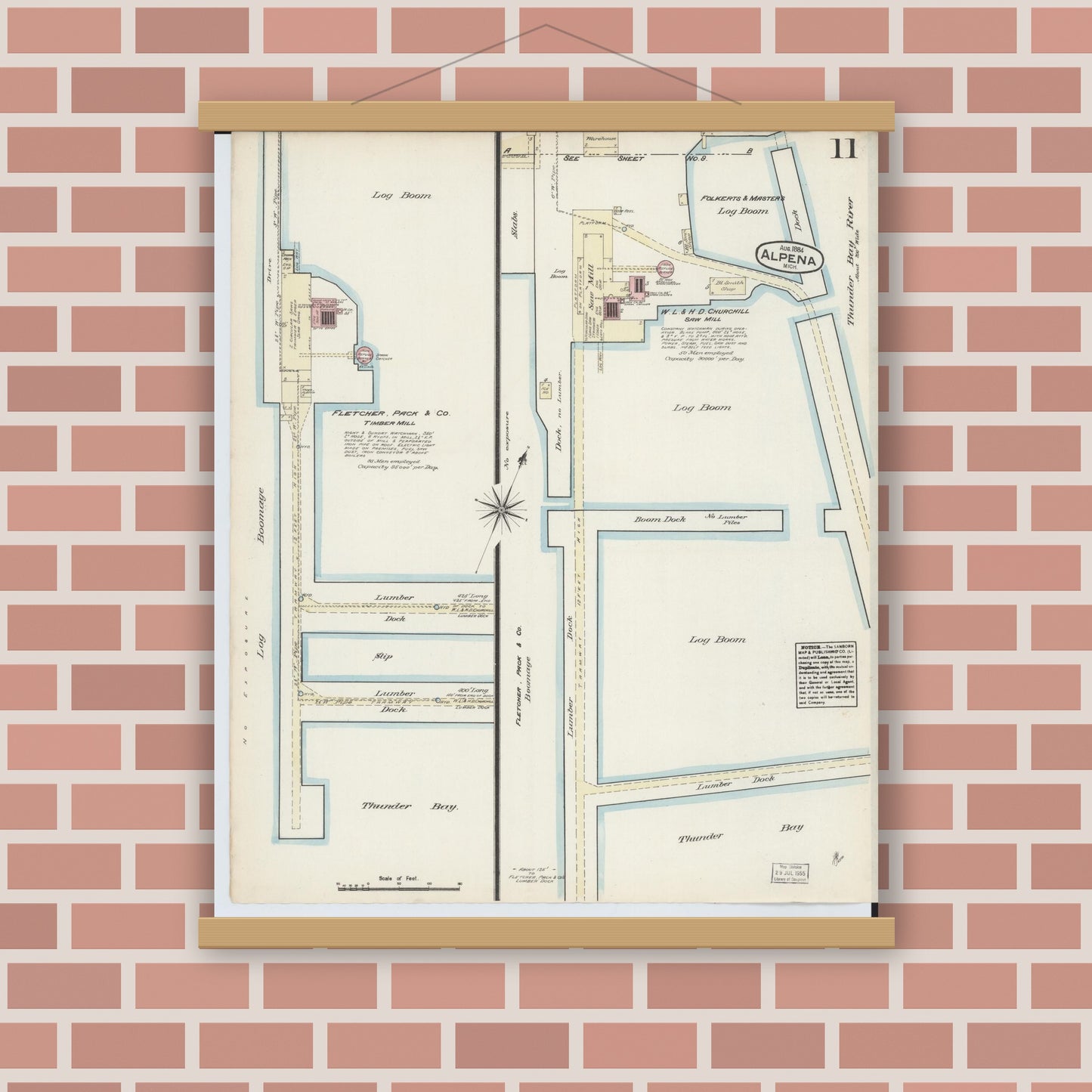 Old map wall art mockup — magnetic wood frame on brick wall — Sanborn Fire Insurance Map from Alpena, Alpena County, Michigan (1884), Sheet #0011