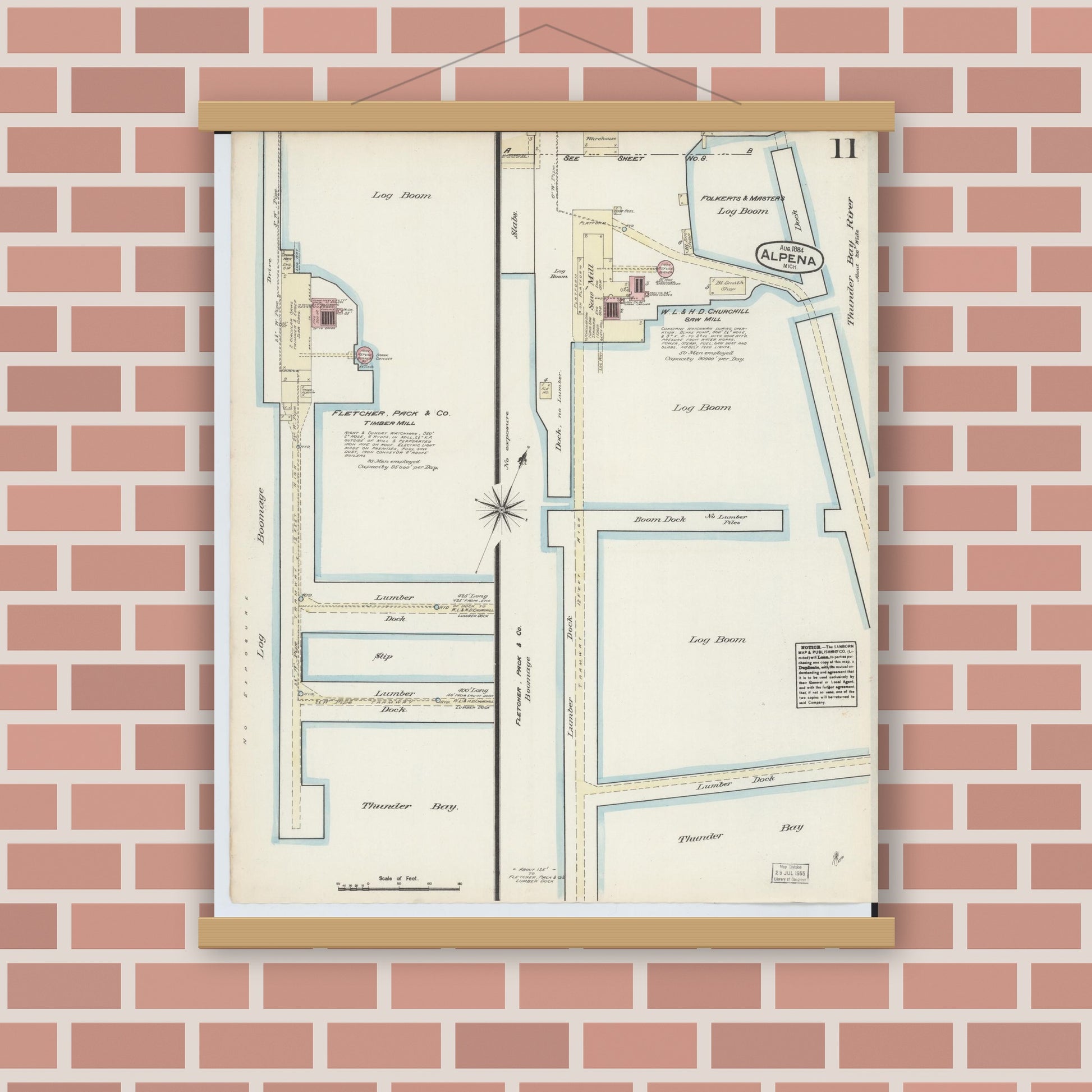 Old map wall art mockup — magnetic wood frame on brick wall — Sanborn Fire Insurance Map from Alpena, Alpena County, Michigan (1884), Sheet #0011