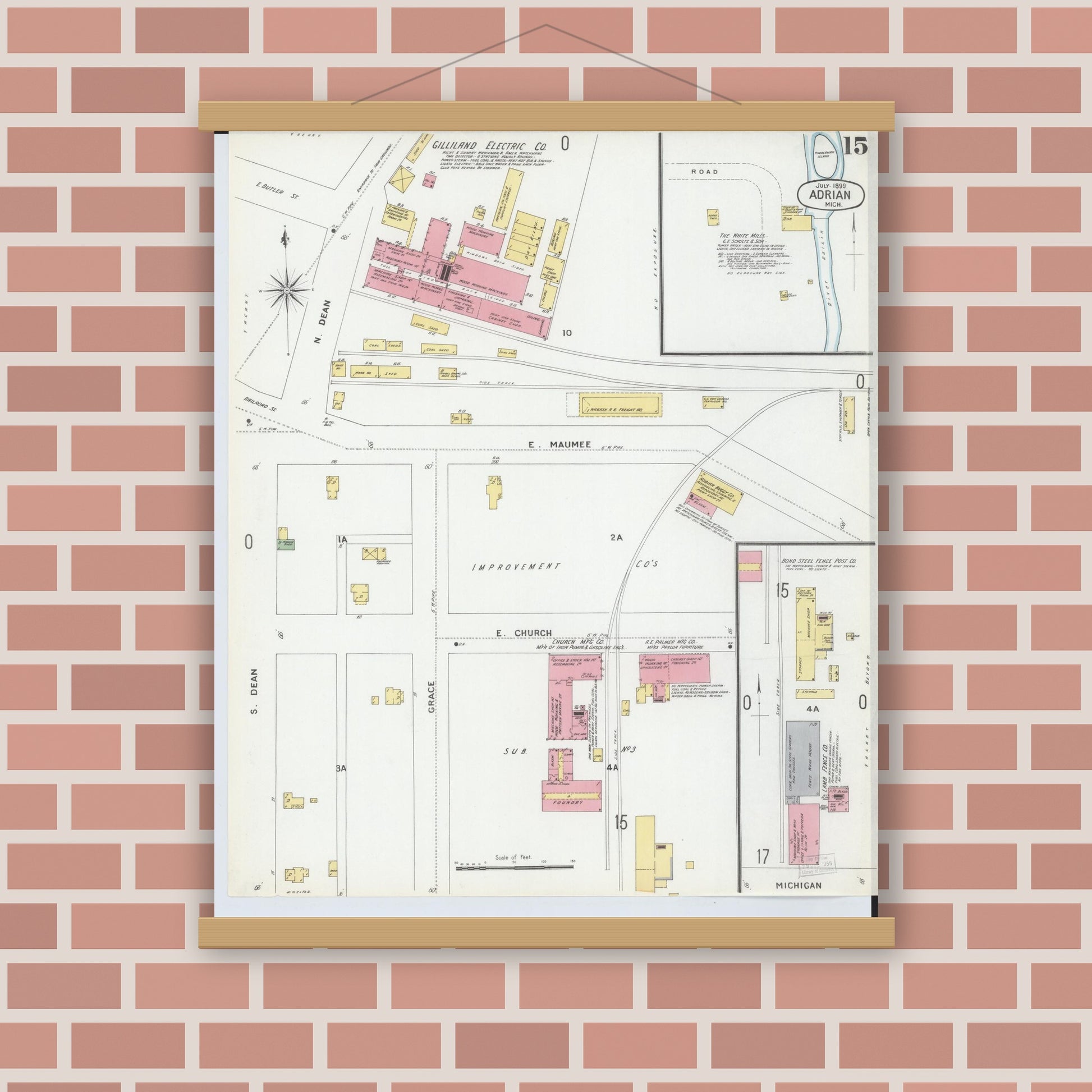 Old map wall art mockup — magnetic wood frame on brick wall — Sanborn Fire Insurance Map from Adrian, Lenawee County, Michigan (1899), Sheet #0015