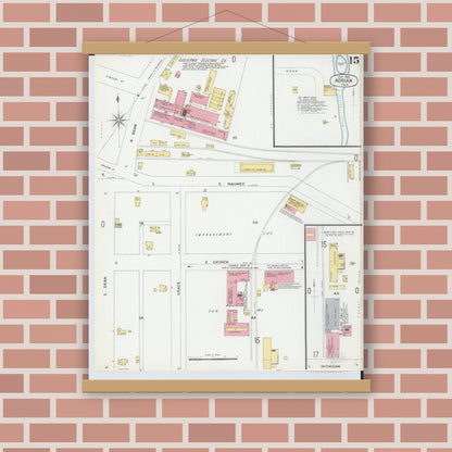 Old map wall art mockup — magnetic wood frame on brick wall — Sanborn Fire Insurance Map from Adrian, Lenawee County, Michigan (1899), Sheet #0015