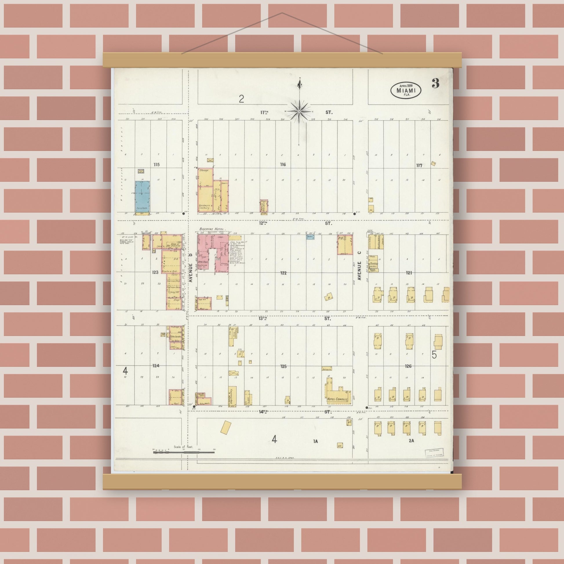 Old map wall art mockup — magnetic wood frame on brick wall — Sanborn Fire Insurance Map from Miami, Dade County, Florida (1899), Sheet #0003