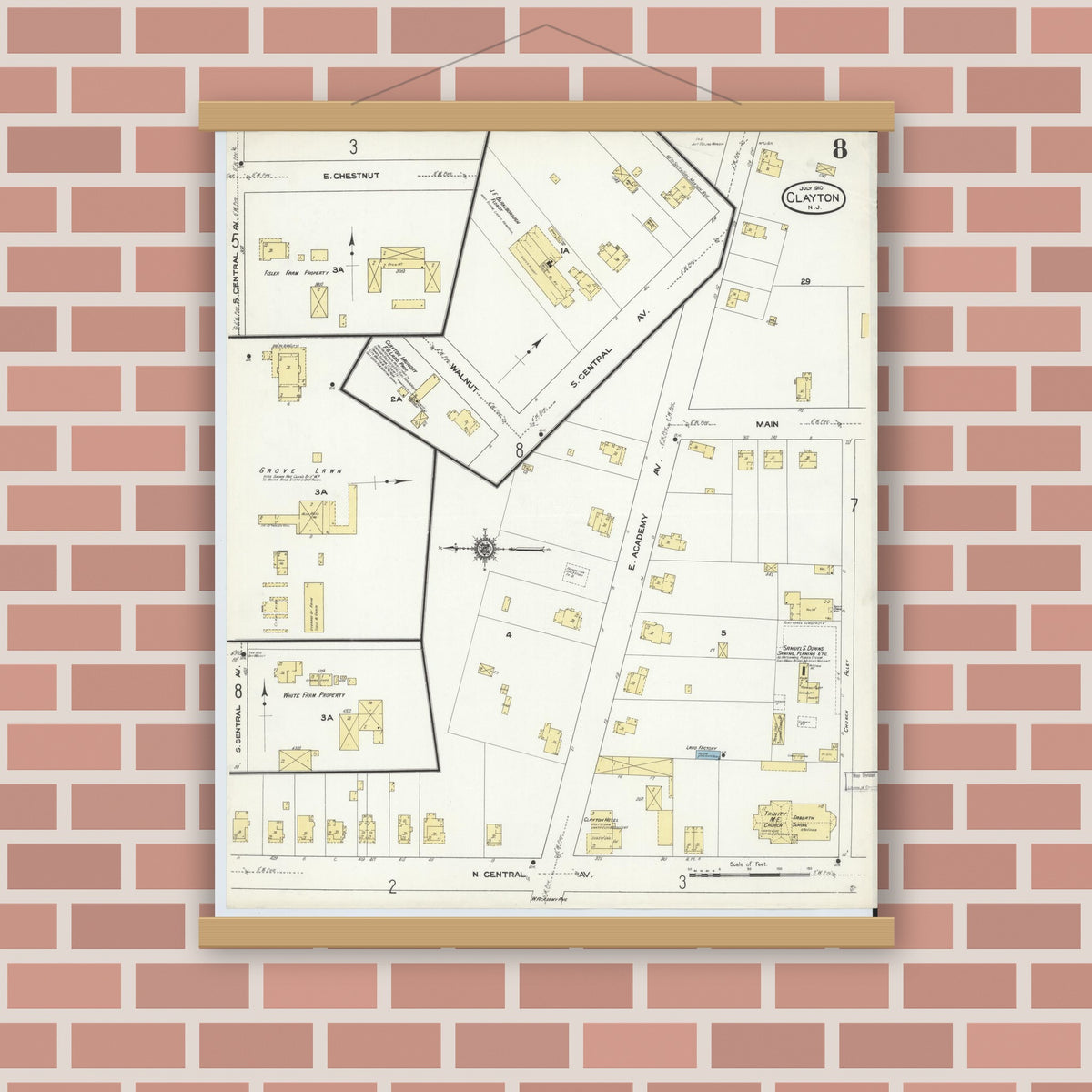 Old map wall art mockup — magnetic wood frame on brick wall — Sanborn Fire Insurance Map from Clayton, Gloucester County, New Jersey (1910), Sheet #0008