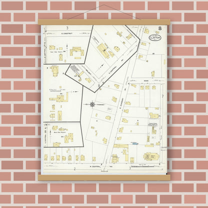 Old map wall art mockup — magnetic wood frame on brick wall — Sanborn Fire Insurance Map from Clayton, Gloucester County, New Jersey (1910), Sheet #0008