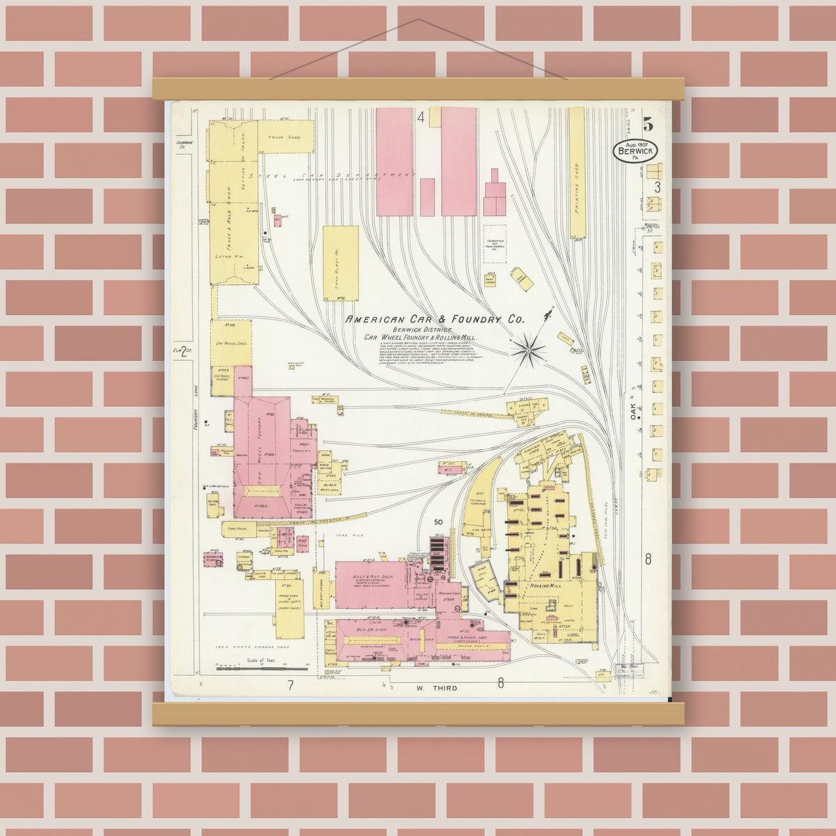 Old map wall art mockup — magnetic wood frame on brick wall — Sanborn Fire Insurance Map from Berwick, Columbia County, Pennsylvania (1907), Sheet #0005