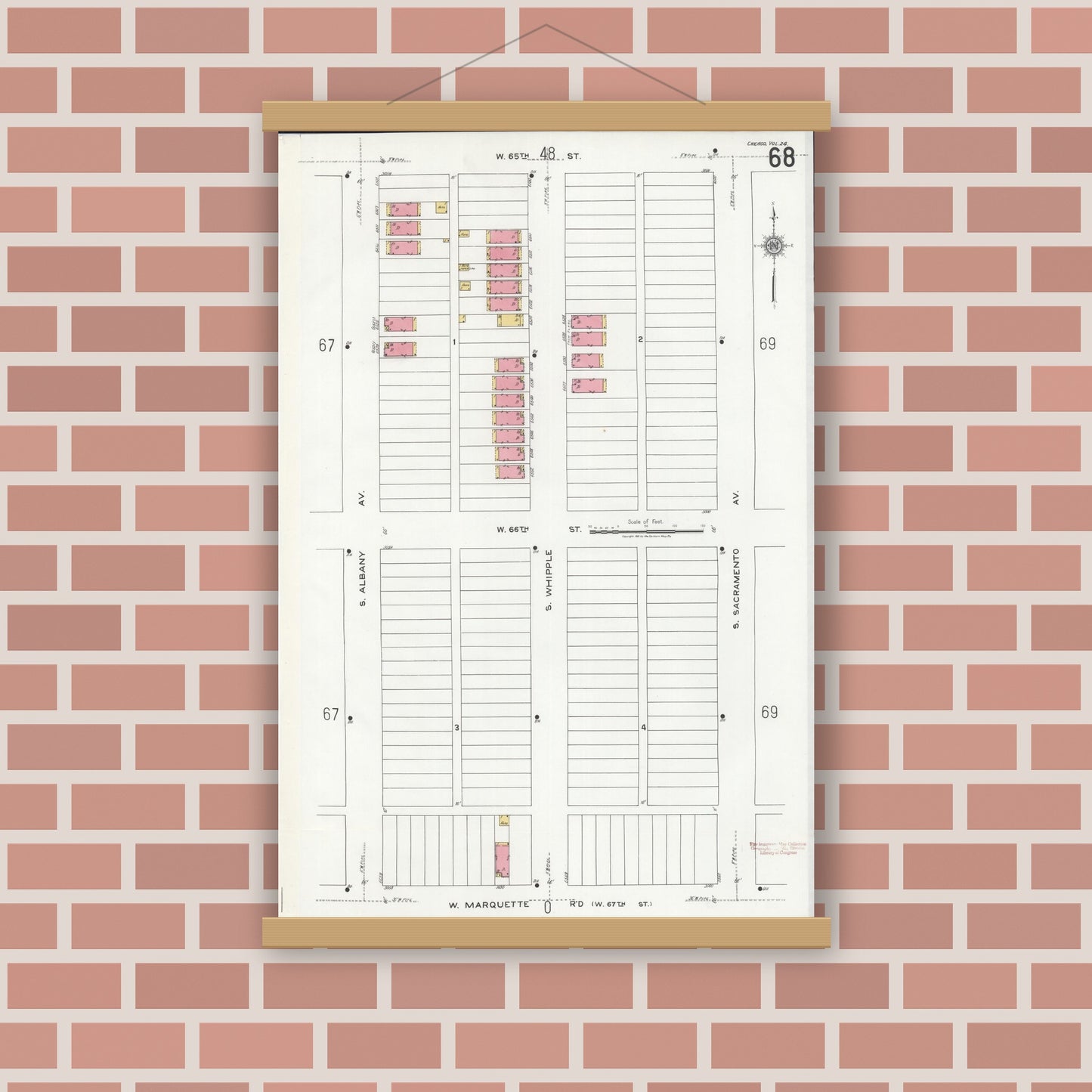 Old map wall art mockup — magnetic wood frame on brick wall — Sanborn Fire Insurance Map from Chicago, Cook County, Illinois (1920), Sheet #0068