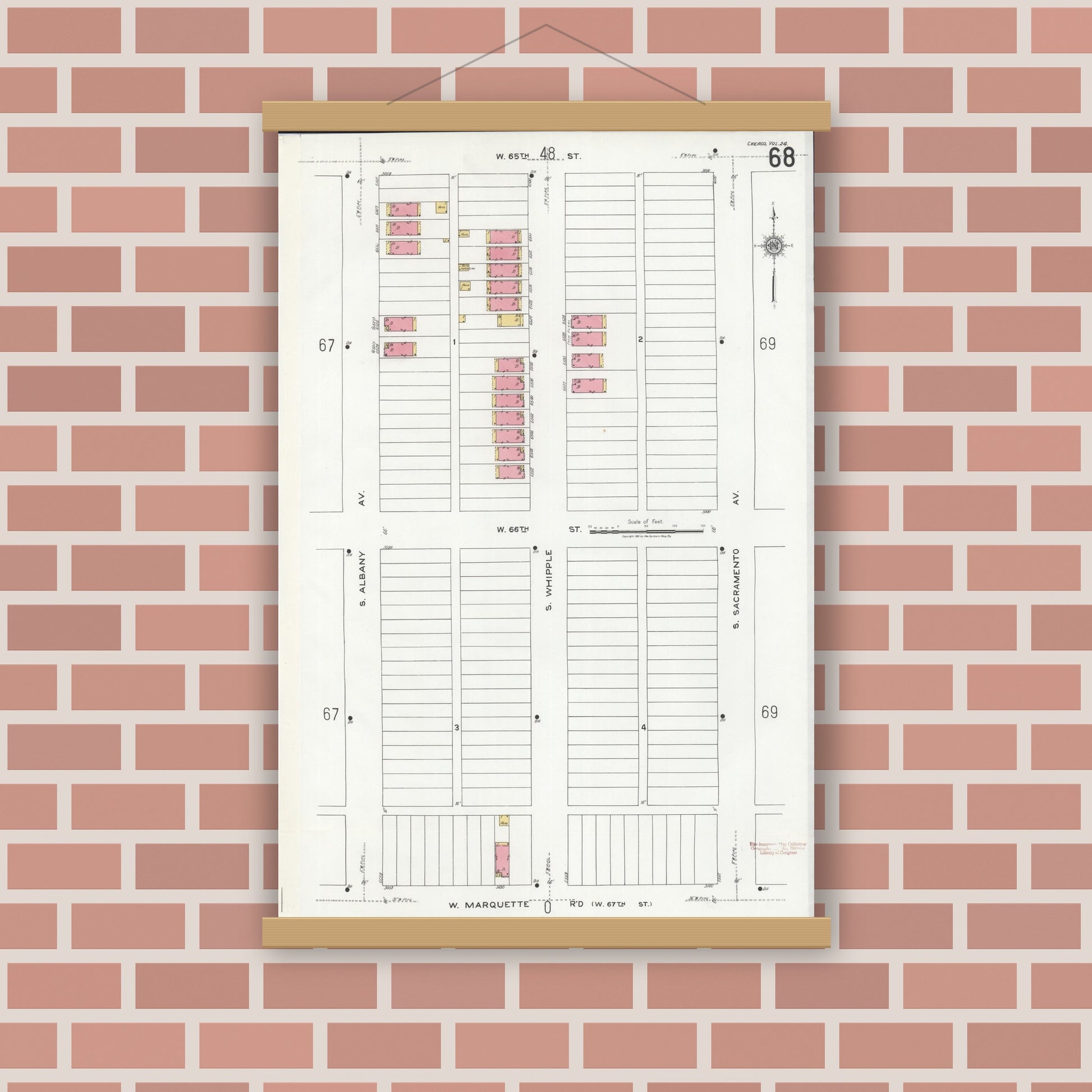 Old map wall art mockup — magnetic wood frame on brick wall — Sanborn Fire Insurance Map from Chicago, Cook County, Illinois (1920), Sheet #0068