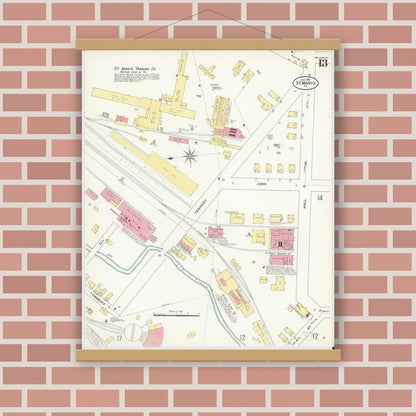 Old map wall art mockup — magnetic wood frame on brick wall — Sanborn Fire Insurance Map from Saint Marys, Elk County, Pennsylvania (1909), Sheet #0013