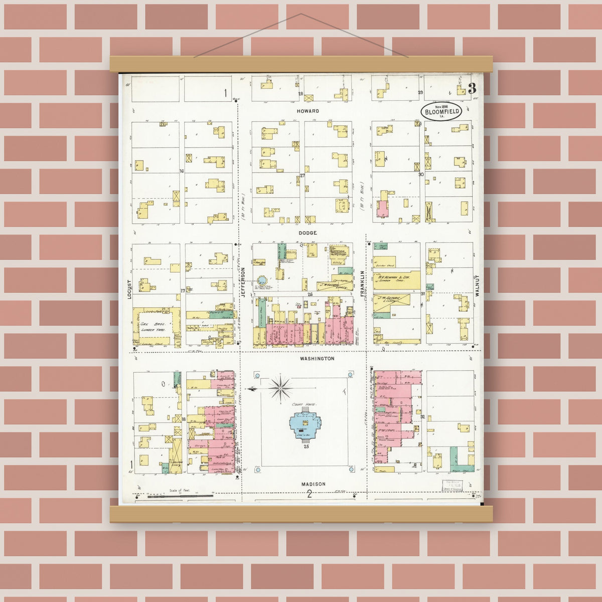 Old map wall art mockup — magnetic wood frame on brick wall — Sanborn Fire Insurance Map from Bloomfield, Davis County, Iowa (1898), Sheet #0003