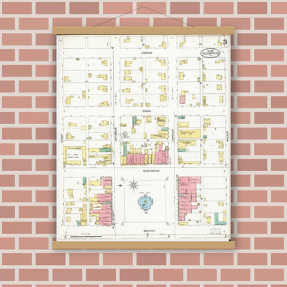 Old map wall art mockup — magnetic wood frame on brick wall — Sanborn Fire Insurance Map from Bloomfield, Davis County, Iowa (1898), Sheet #0003